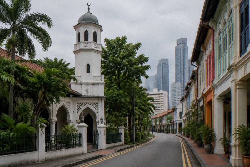 Overcast mid-morning in Telok Ayer, an old mosque with a plain whitewashed octagonal tower and Moorish arches beside a narrow street of restored shophouses, glass towers rising in the far background, nobody in frame.