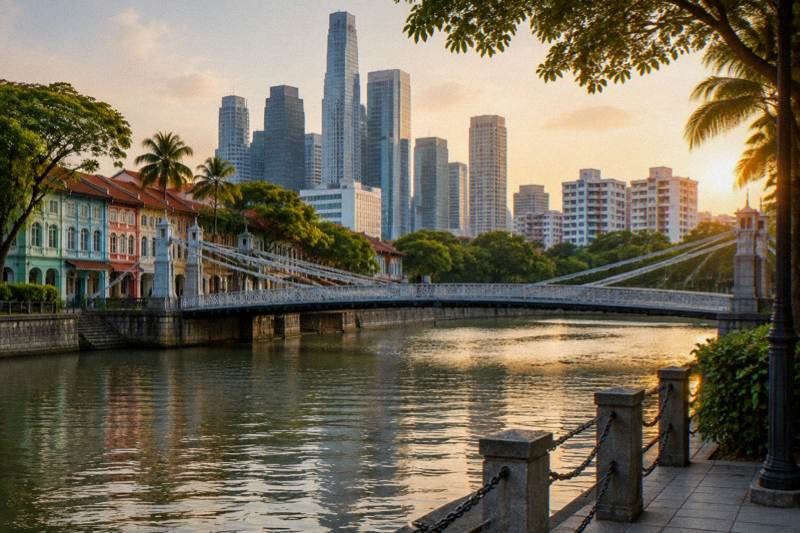 Golden late-afternoon view of a graceful pedestrian bridge crossing the Singapore River from a low riverside walk, old shophouses on one side and a glass tower skyline behind, calm water, two tiny distant figures.