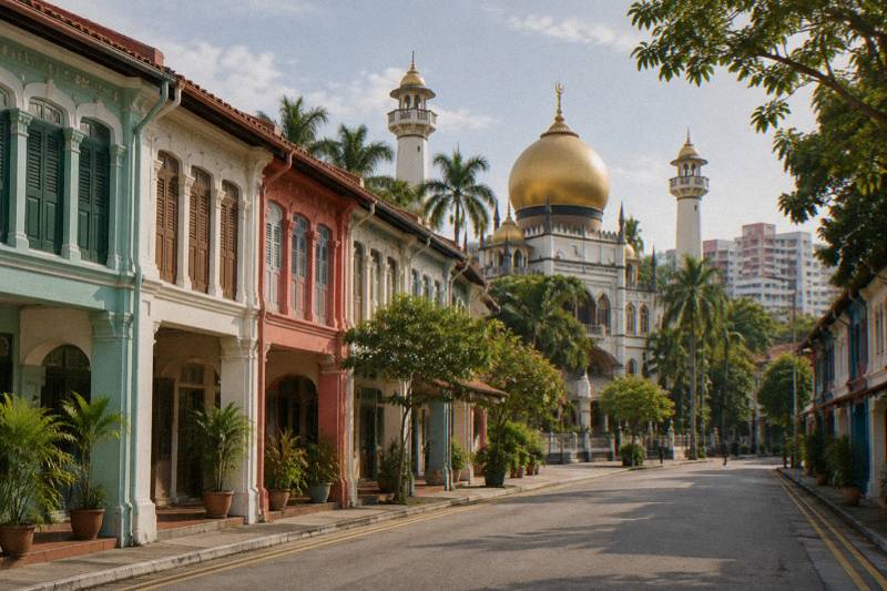 Warm afternoon view from a quiet street of the golden dome and minarets of a large mosque rising behind a row of low shophouses, wide paved street in the foreground, a couple of tiny distant figures.