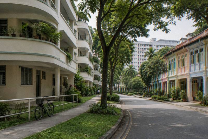 Mid-morning in Tiong Bahru Estate, streamlined Art Deco low-rise estate flats with curved balconies and pale painted walls, mature trees along the road, a bicycle against a railing, one tiny distant figure.