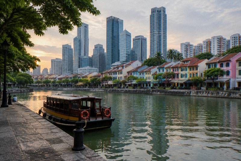 Early-evening view from a low stone riverside quay along the Singapore River, colourful low shophouses on the opposite bank and tall glass towers behind, a moored traditional wooden boat, calm green water, two tiny distant figures.