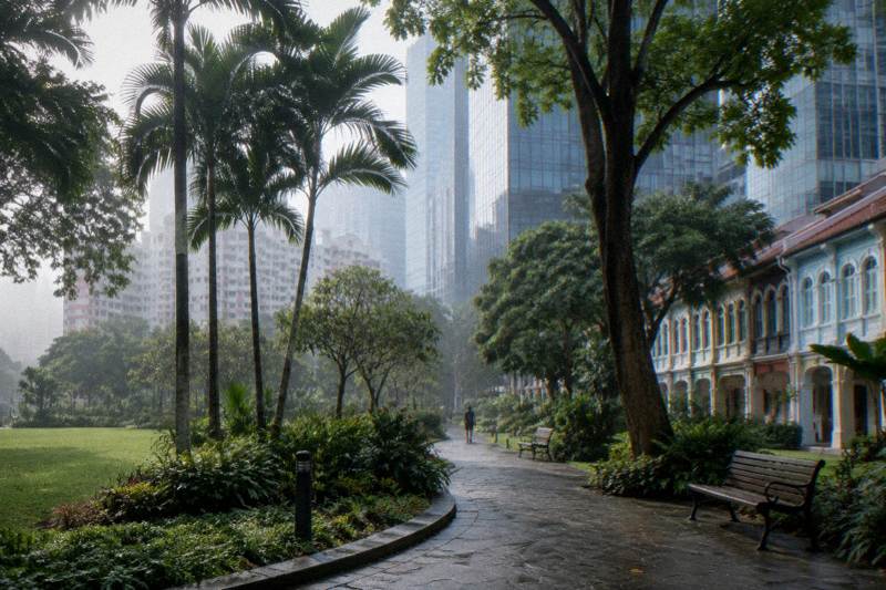 Early morning at a small shaded urban park among glass office towers in the financial district, a few tropical trees and a stone path, light mist, benches empty, one tiny distant figure from behind.