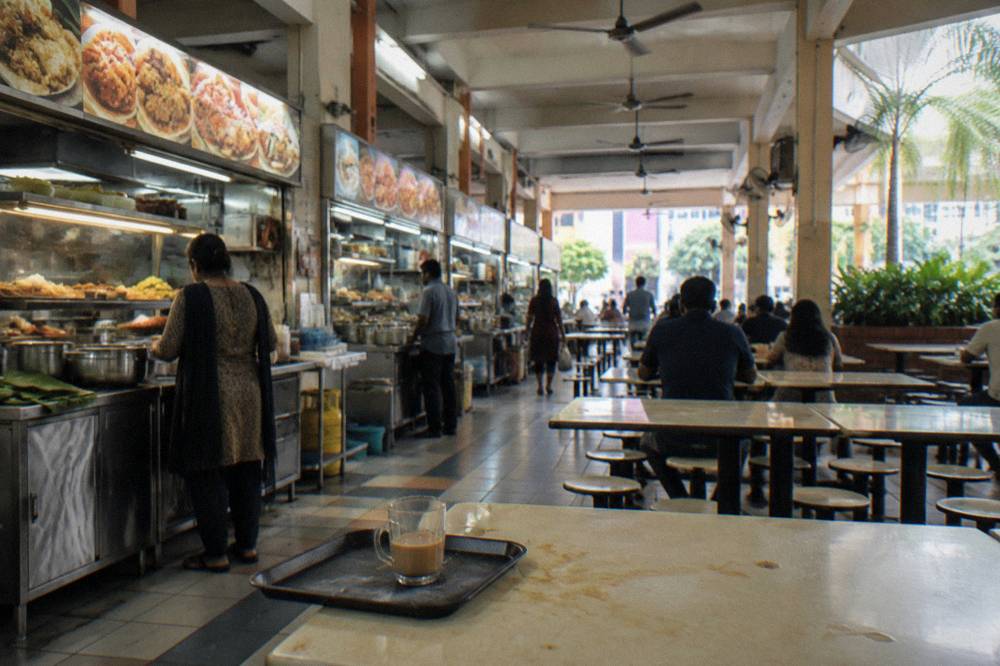Hawker centre food stalls with covered seating in Singapore