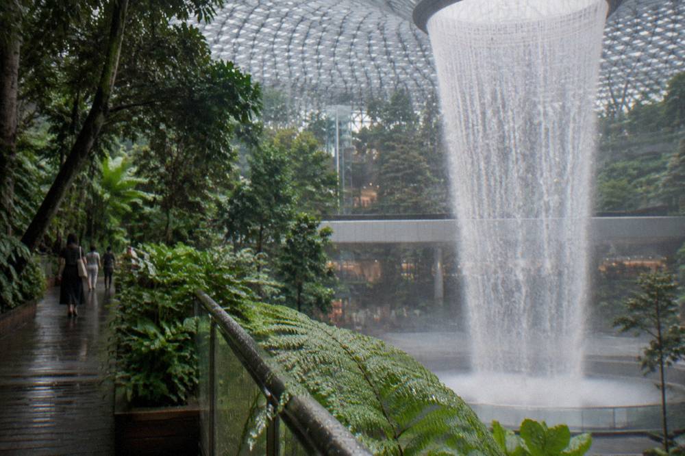 The Rain Vortex waterfall seen from a garden walkway at Jewel Changi, water falling into a glass-covered base