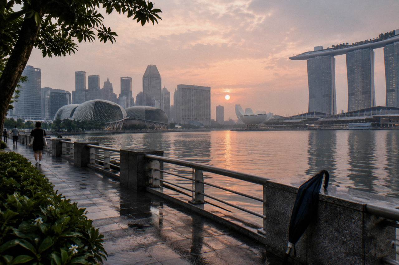 A view of the Singapore skyline from Marina Bay with the city skyline and calm water.