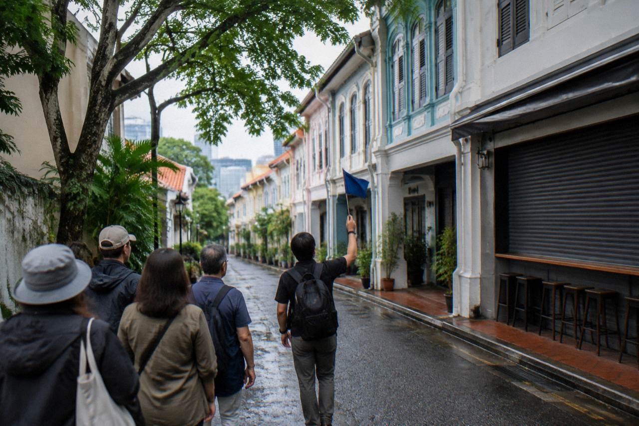 A guide holding a small flag addressing a gathered group of walkers on a shophouse-lined street in Chinatown, Singapore.