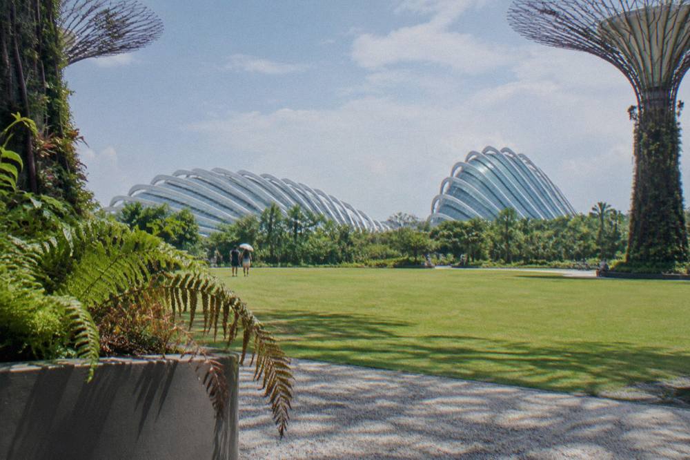 Glass conservatory domes seen across a garden lawn under a daytime sky