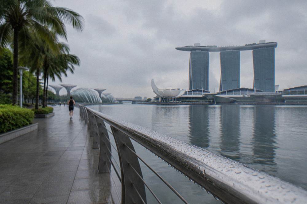 Waterfront promenade curving past a bay with city towers on the far shore
