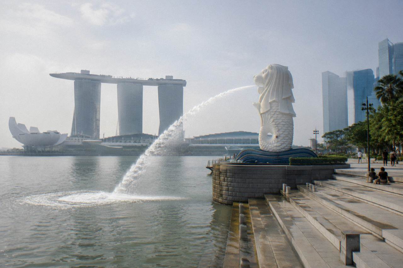 The Merlion statue at an open-air waterfront park in Marina Bay