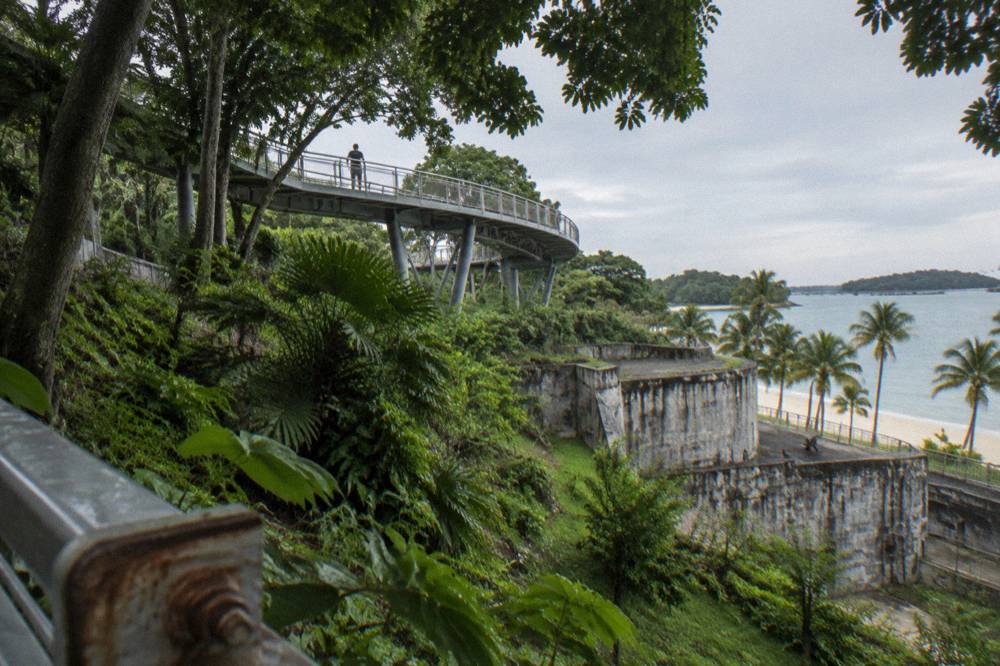 Coastal fort walls and a raised walkway through green trees above a small island headland