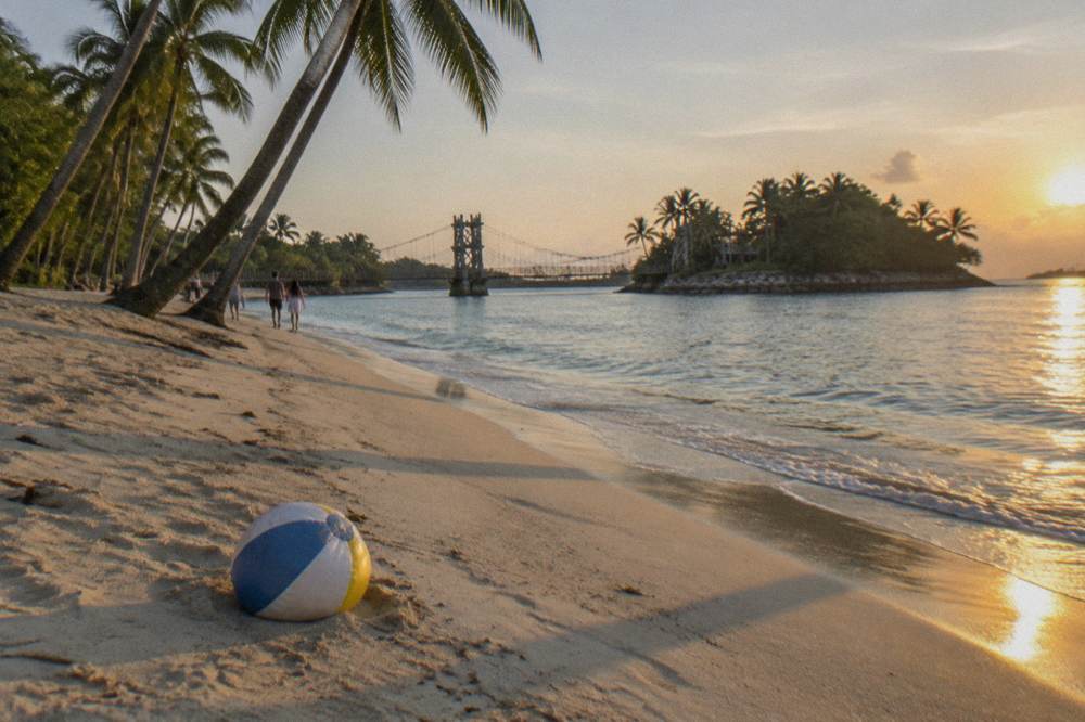 Tropical beach with white sand, leaning palm trees and clear shallow water