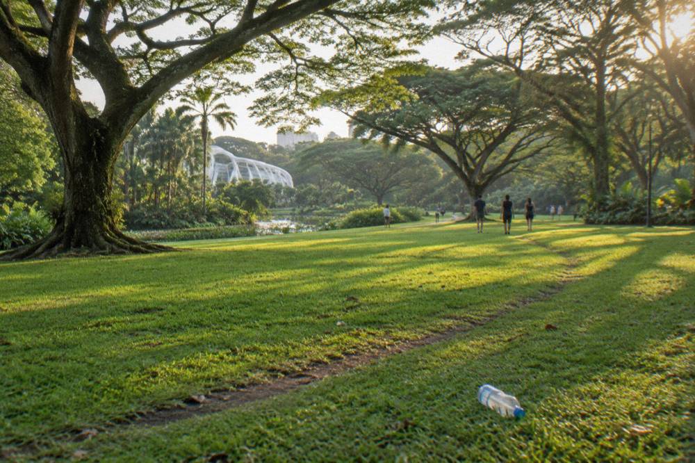 Wide lawn with scattered trees and visitors strolling in the Botanic Gardens