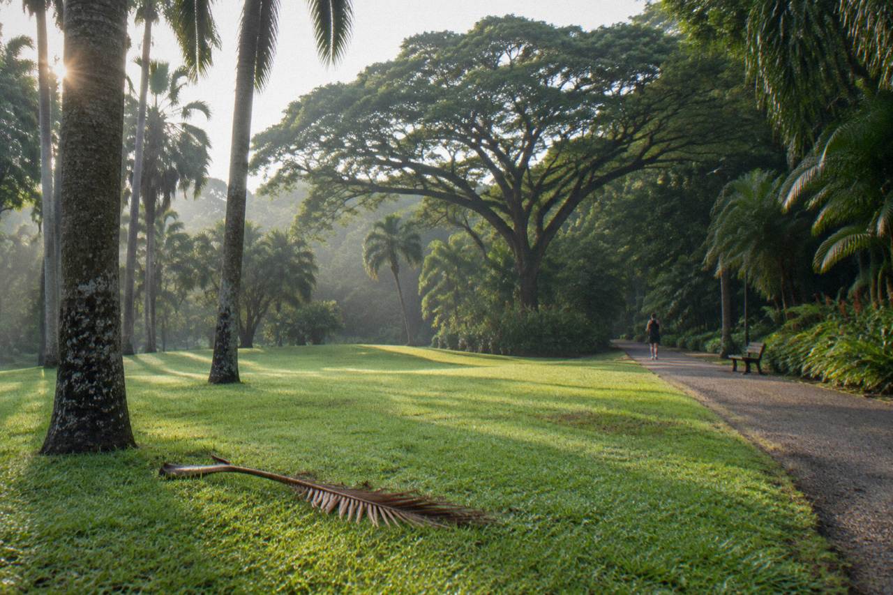 Tropical palm trees and open lawn inside the Singapore Botanic Gardens on a bright day