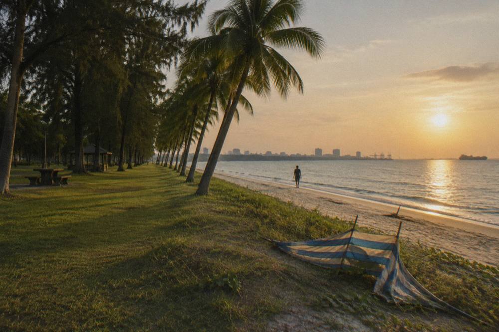 Palm-lined beach at East Coast Park with the sea on one side and open parkland on the other