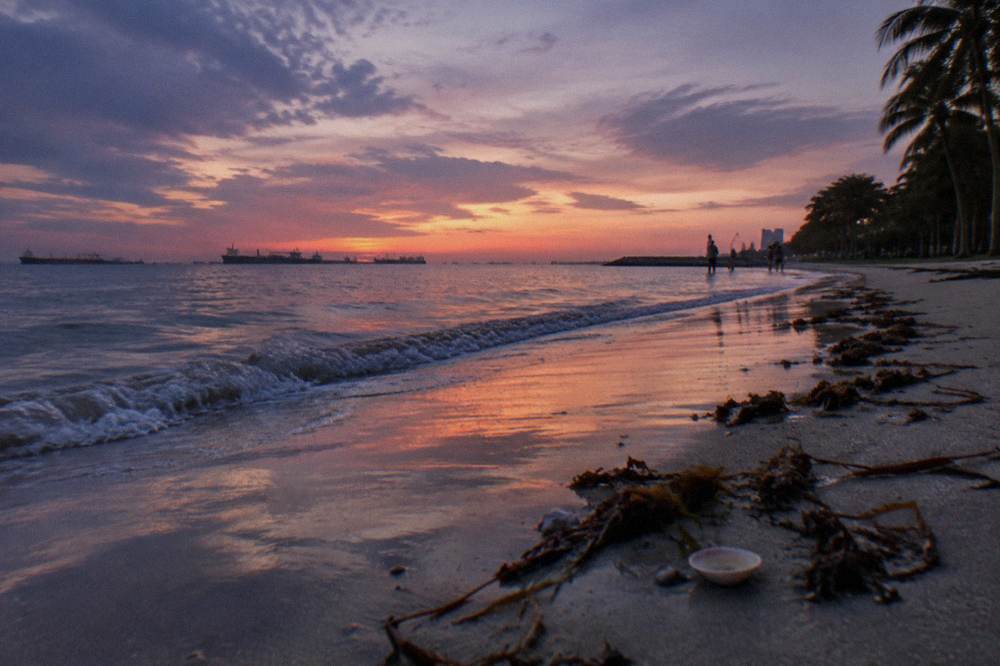 Shallow water and open sand at an East Coast Park beach under a wide sky