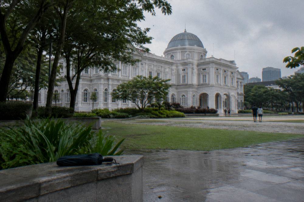 museum building facade across a green from a park edge