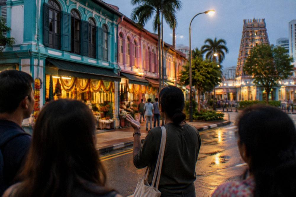 A guide speaking to a small group on a lit street corner in the evening