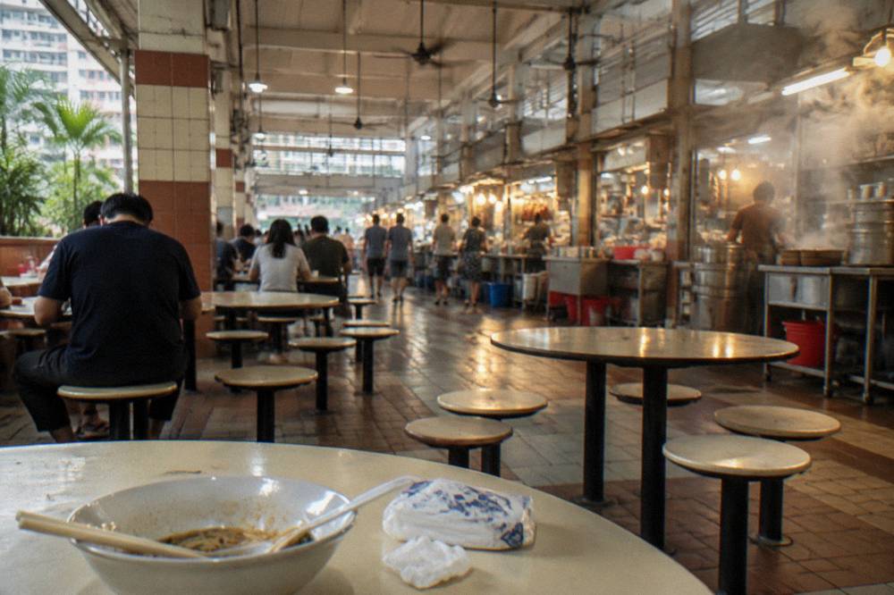 A hawker centre interior with food stalls and shared seating tables
