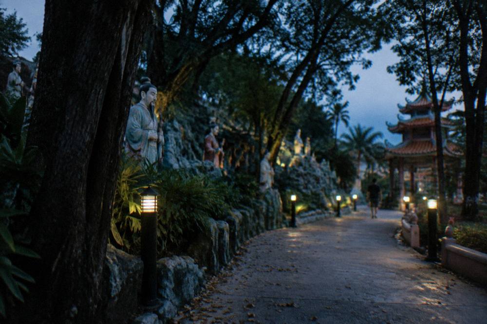 A quiet park pathway with statues visible between trees