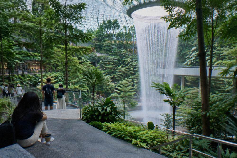 Visitors walking through the public garden levels of Jewel Changi Airport around the Rain Vortex