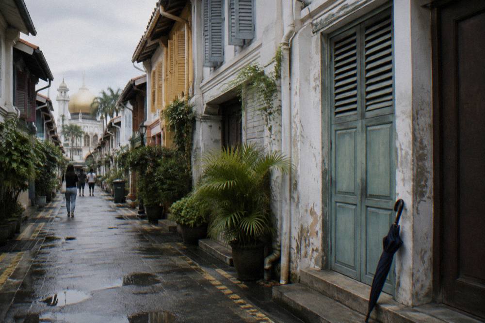 Row of narrow shophouses with painted shutters along a lane in Kampong Glam
