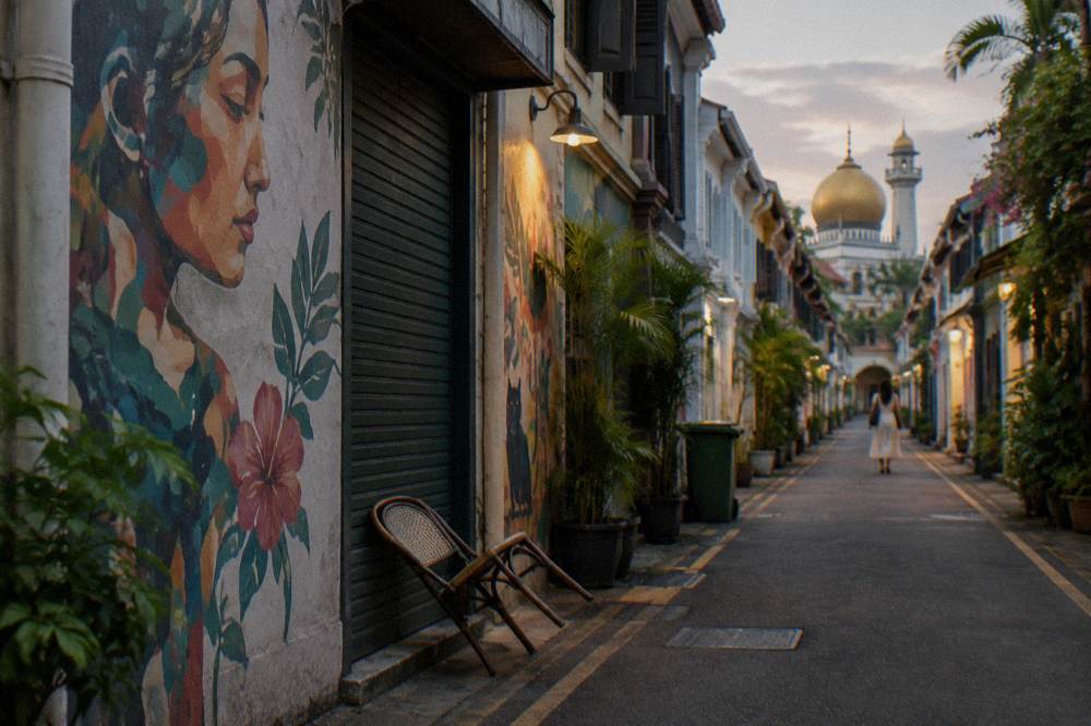 Narrow lane with painted wall art between two-storey shophouses