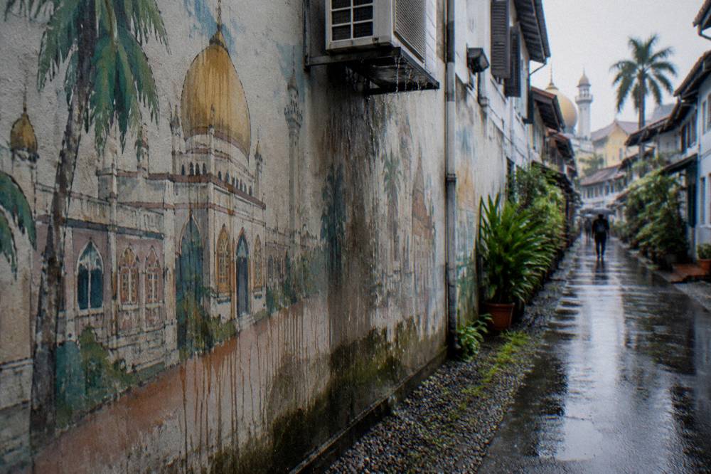 Painted wall mural on the side wall of a shophouse in a narrow street