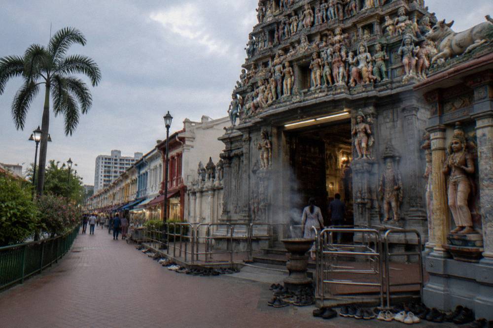 Ornate temple gateway with colourful sculpture in Little India Singapore