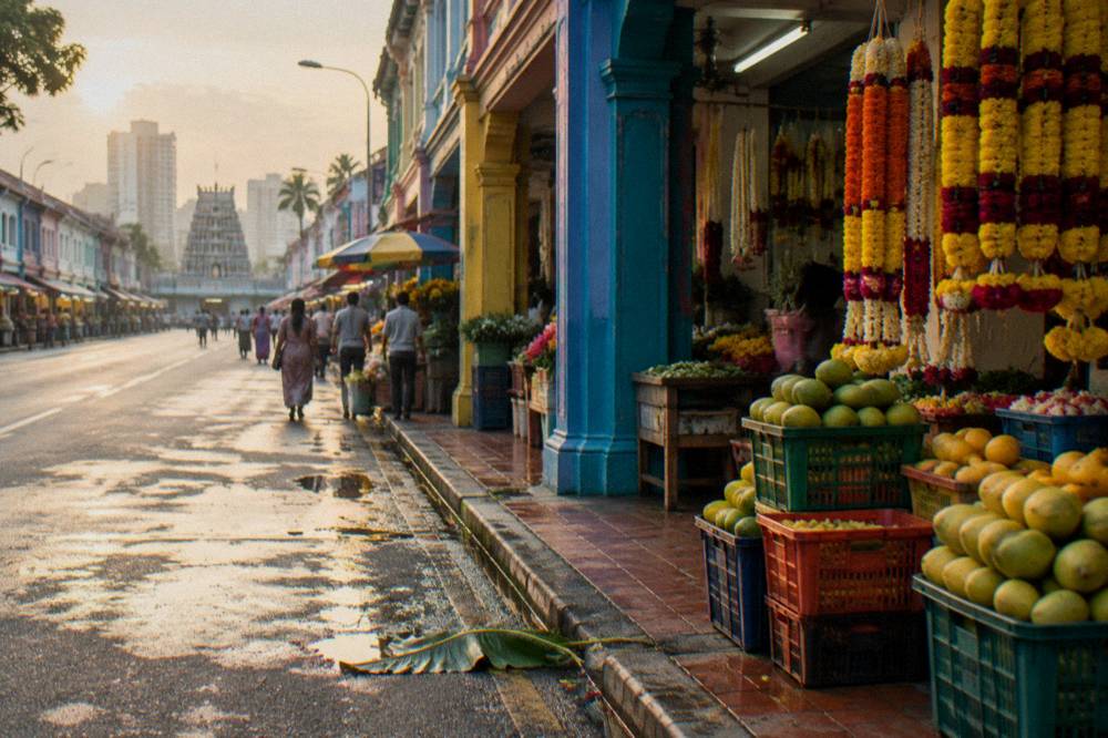 Street market lane with fruit and flower stalls in Little India Singapore