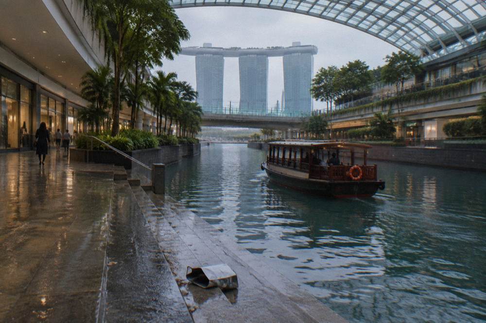 A wide indoor canal running through a shopping mall atrium under a glass roof