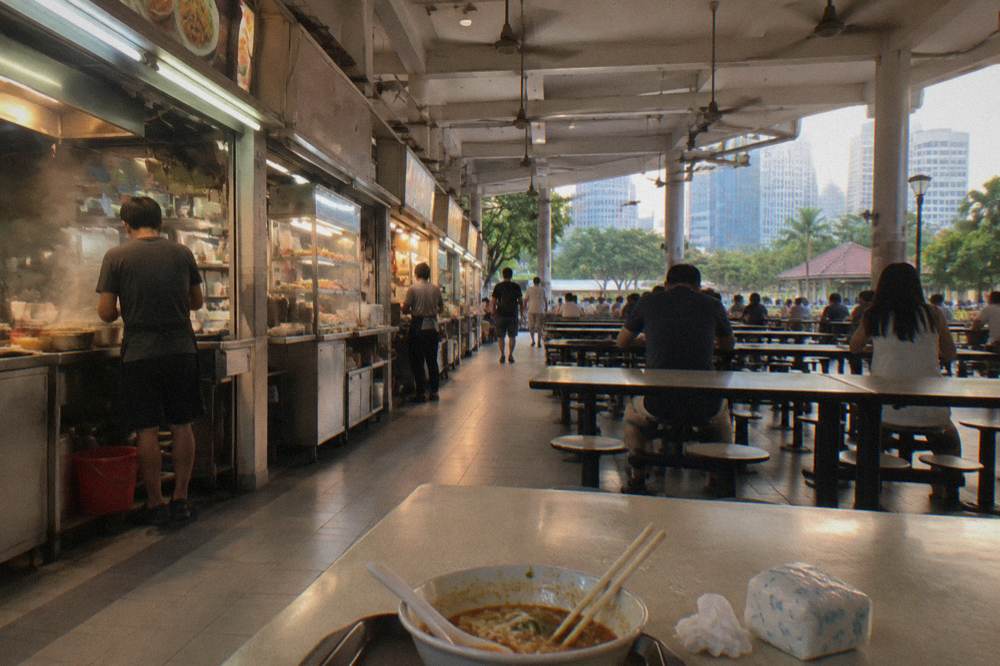 Hawker centre interior with rows of shared tables and lit stall fronts